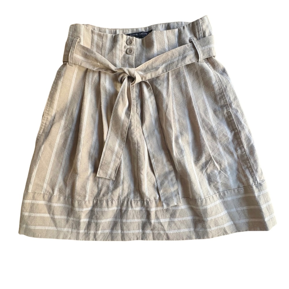 AUDREY CELINE Skirt Linen Blend Striped Beige Tan Cream Belted Pleated SZ 4 EUVC